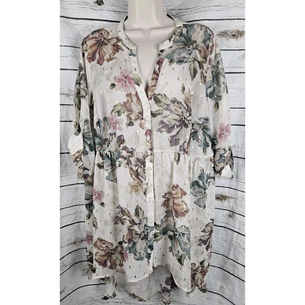 Torrid Beige Floral Sheer Tunic Top 1 Chiffon 1X Hi Low Gold Metallic Dot